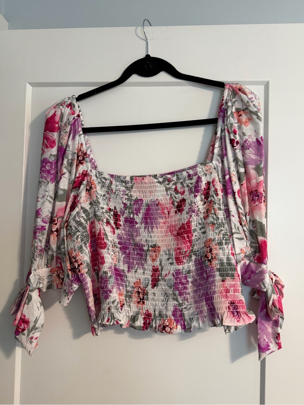 Express Floral Smocked Off-Shoulder Blouse - Pink, Purple, White